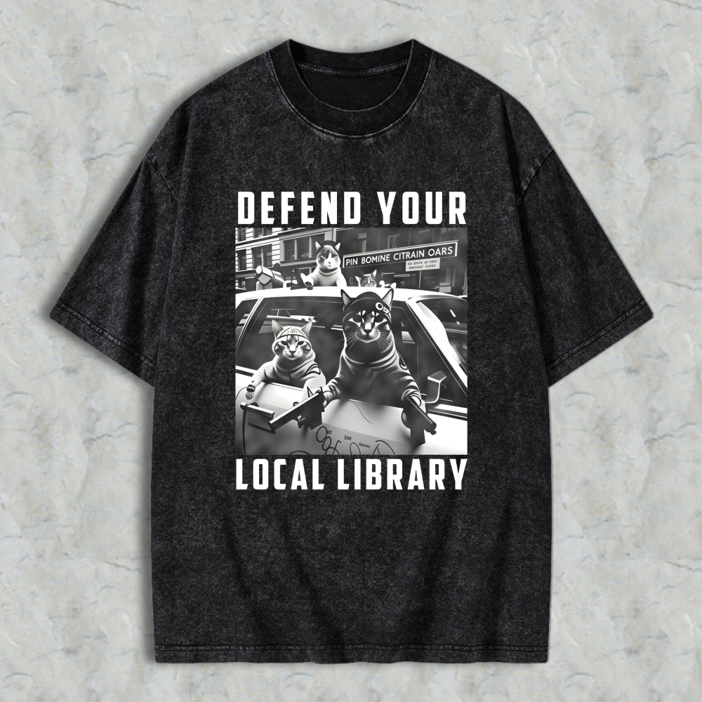Wardrobecart Defend Your Local Library Cats With Guns Unisex Washed T-shirt