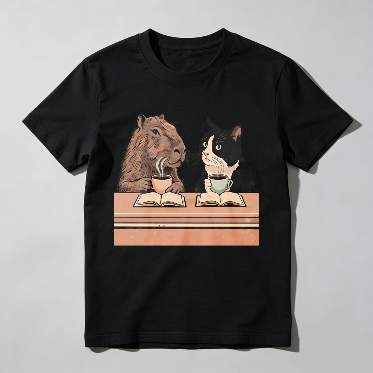 Wardrobecart Capybara And Cat Reading Books With Tea Unisex Classic T-shirt