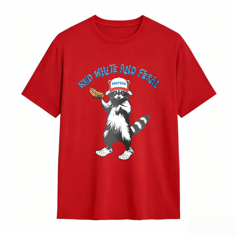 USA Red White Feral Racoon Vintage Hot Dog Party America Patriotic Racoon Tshirt
