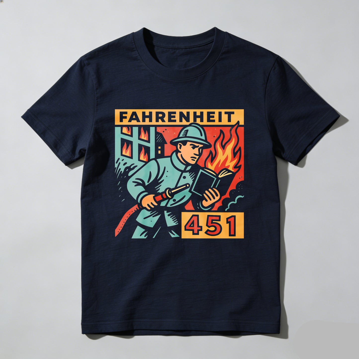 Wardrobecart Fireman Holding Book With Flames Behind Unisex Classic T-shirt