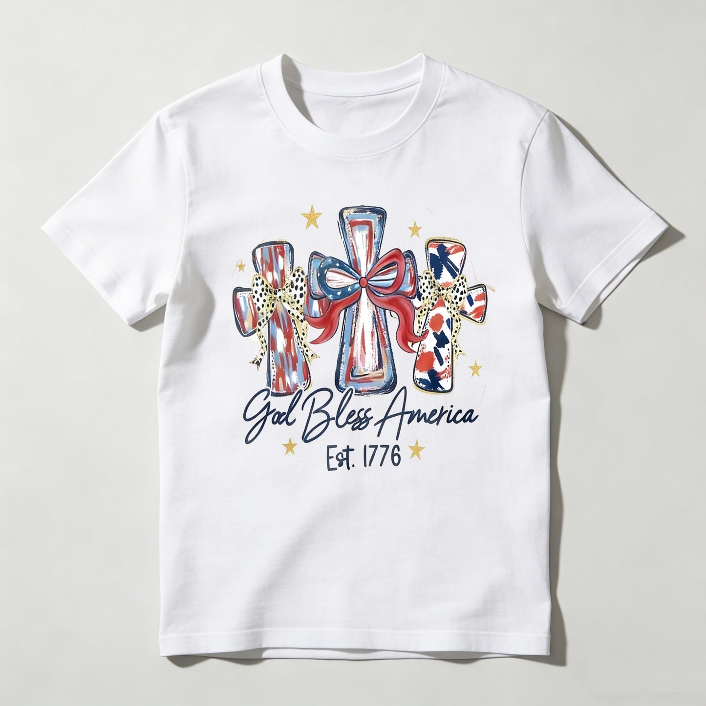 Patriotic Crosses With American Flag Design And God Bless America Text T-shirt