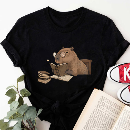Wardrobecart Capybara Reading Book With Glasses And Stack Of Books Unisex Classic T-shirt