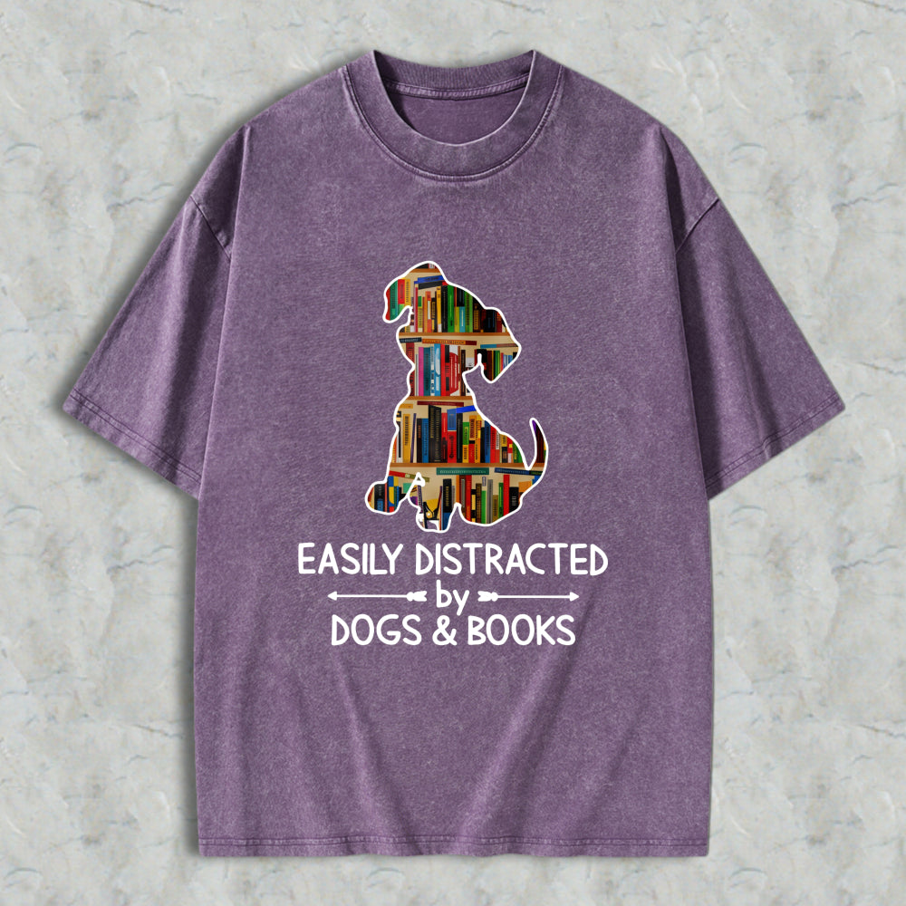 Wardrobecart Dog And Books Pattern Easily Distracted By Dogs And Books Unisex Washed T-shirt
