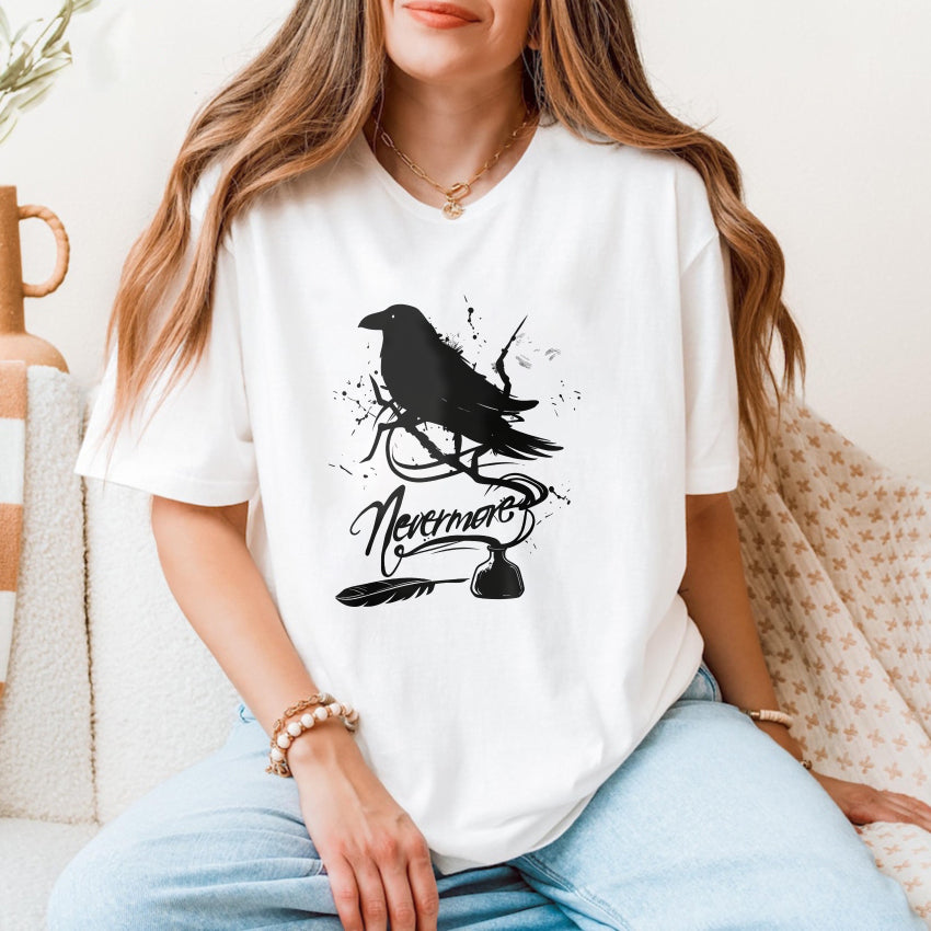 Wardrobecart White Raven Perched On Branch With Nevermore Text Unisex Classic T-shirt