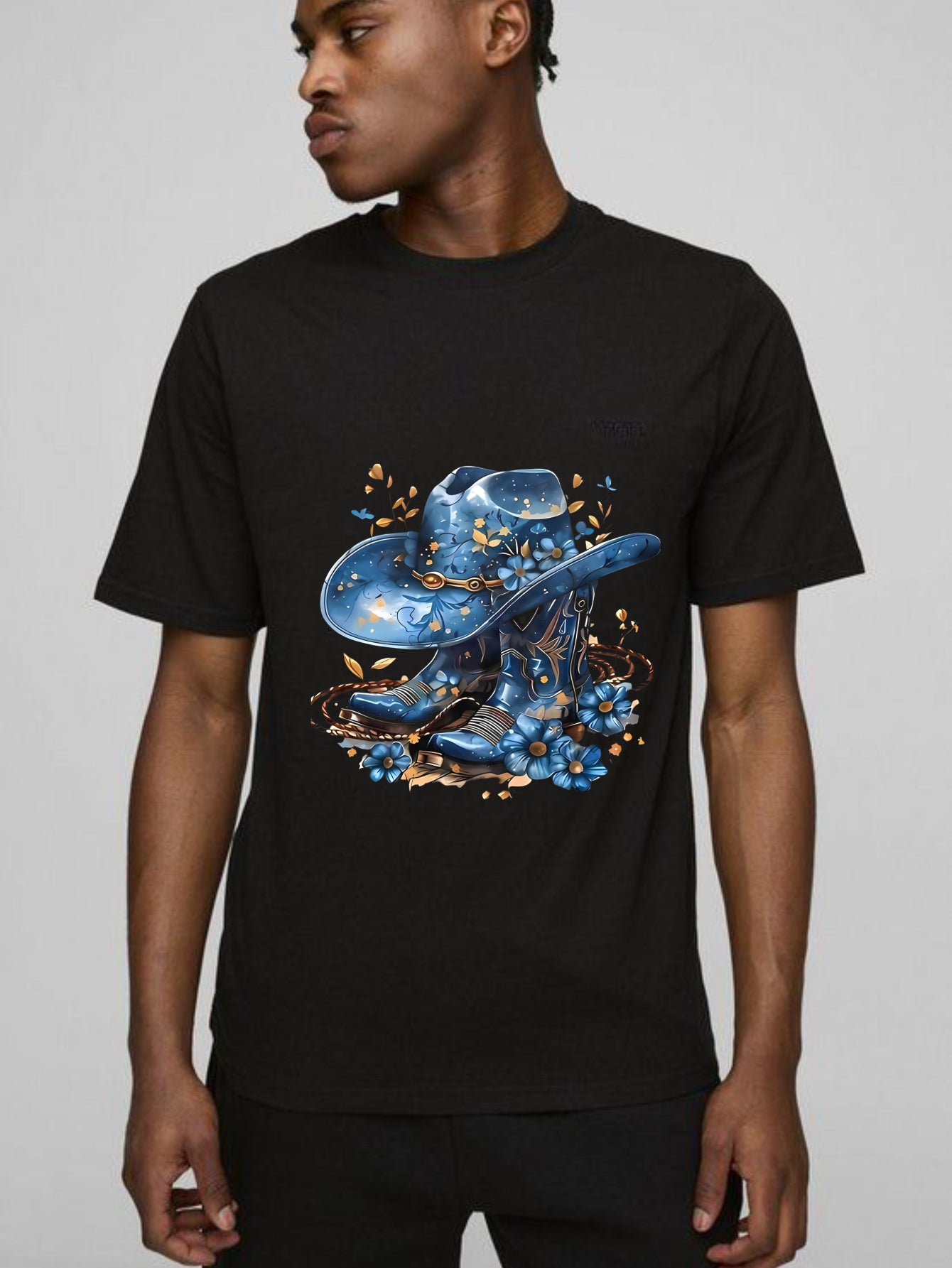 Western Hat And Boots With Blue Flowers T-shirt