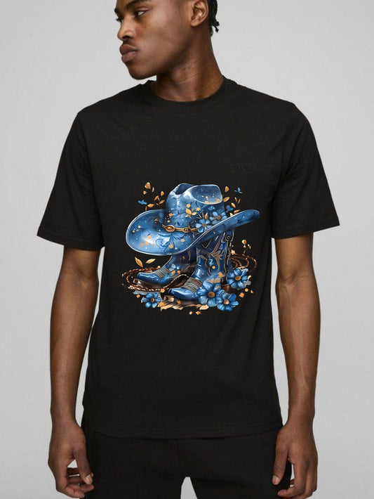 Western Hat And Boots With Blue Flowers T-shirt