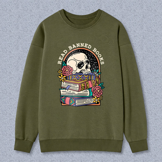 Wardrobecart Skull And Books With Flowers Pattern Unisex Classic Sweatshirt