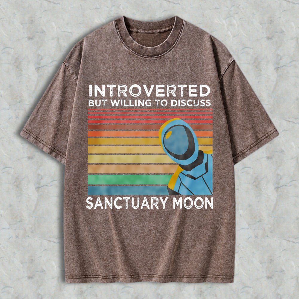 Wardrobecart Introverted But Willing To Discuss Sanctuary Moon Astronaut Vintage Rainbow Design Unisex Washed T-shirt