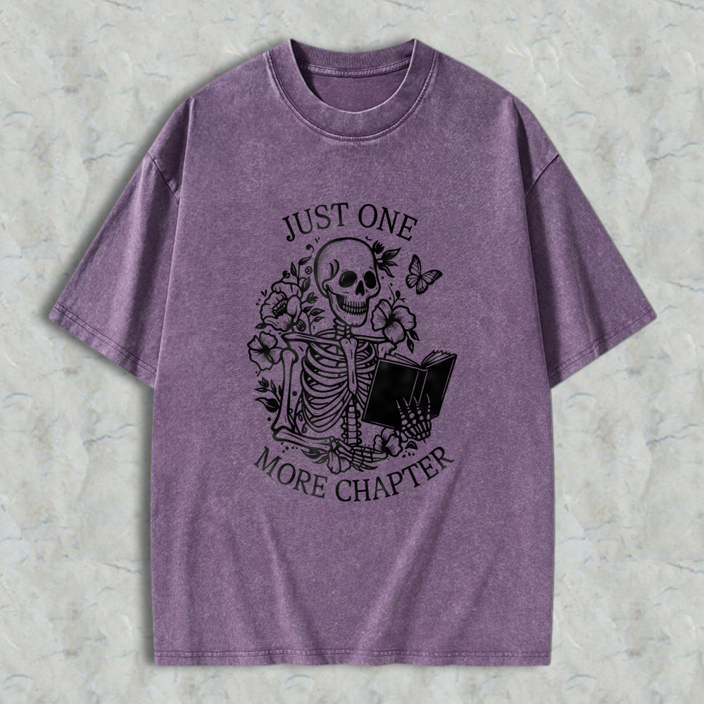 Wardrobecart Skeleton Reading Book With Flowers And Butterflies Just One More Chapter Unisex Washed T-shirt