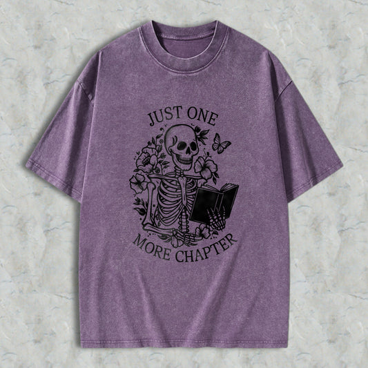 Wardrobecart Skeleton Reading Book With Flowers And Butterflies Just One More Chapter Unisex Washed T-shirt