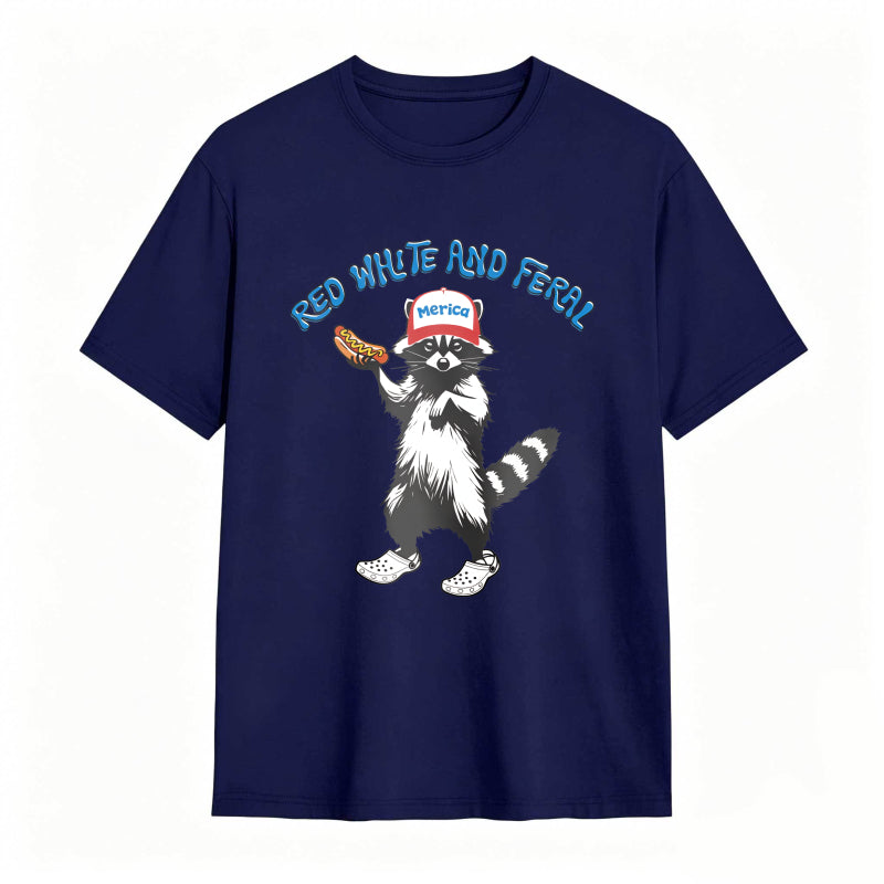 USA Red White Feral Racoon Vintage Hot Dog Party America Patriotic Racoon Tshirt