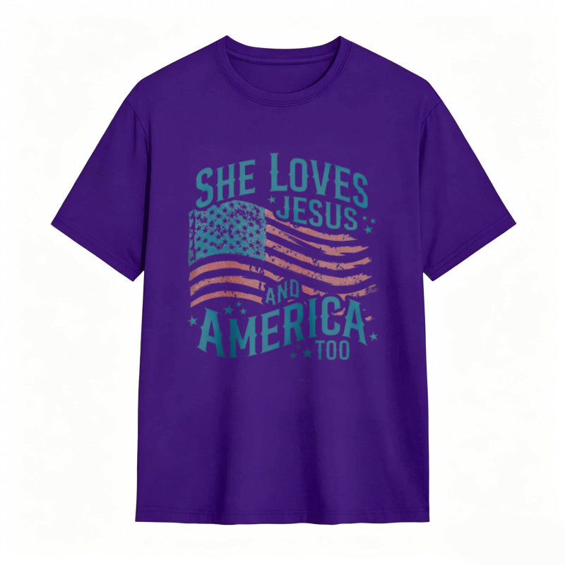 She Loves Jesus And America Too Women's Patriotic T-shirt