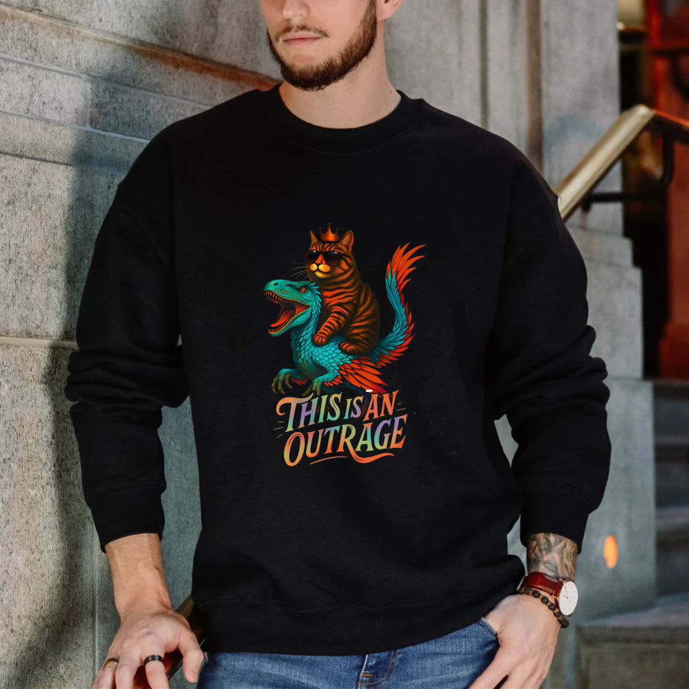 Wardrobecart Cat Riding Dinosaur This Is An Outrage Unisex Classic Sweatshirt