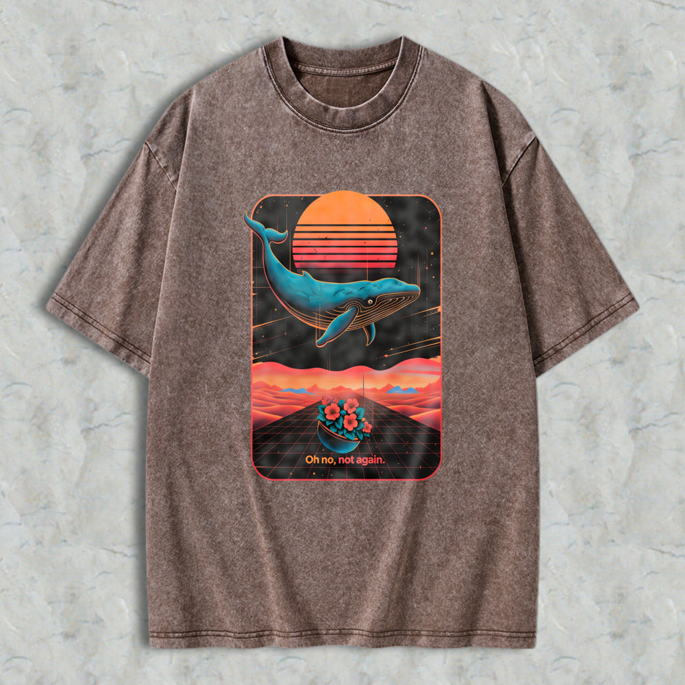 Wardrobecart Whale Sunset Landscape With Flowers And Text Oh No Not Again Unisex Washed T-shirt