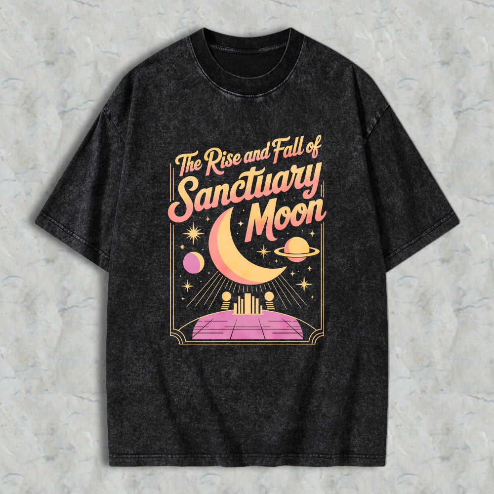 Wardrobecart The Rise And Fall Of Sanctuary Moon Cosmic Scene With Crescent Moon Planets And Futuristic Platform Unisex Washed T-shirt