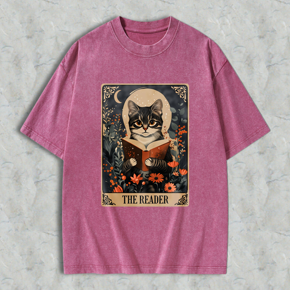 Wardrobecart Cat Reading Book With Floral Background And Moon The Reader Unisex Washed T-shirt