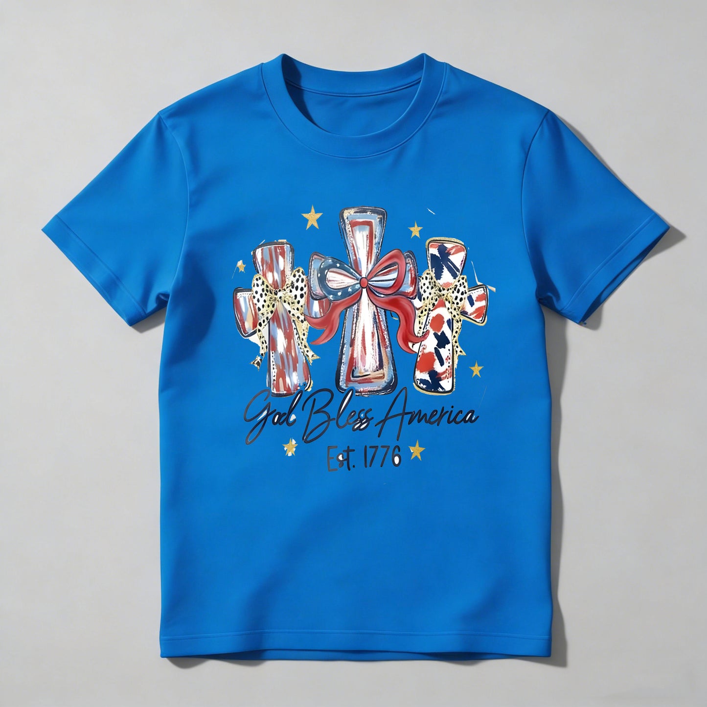Patriotic Crosses With American Flag Design And God Bless America Text T-shirt
