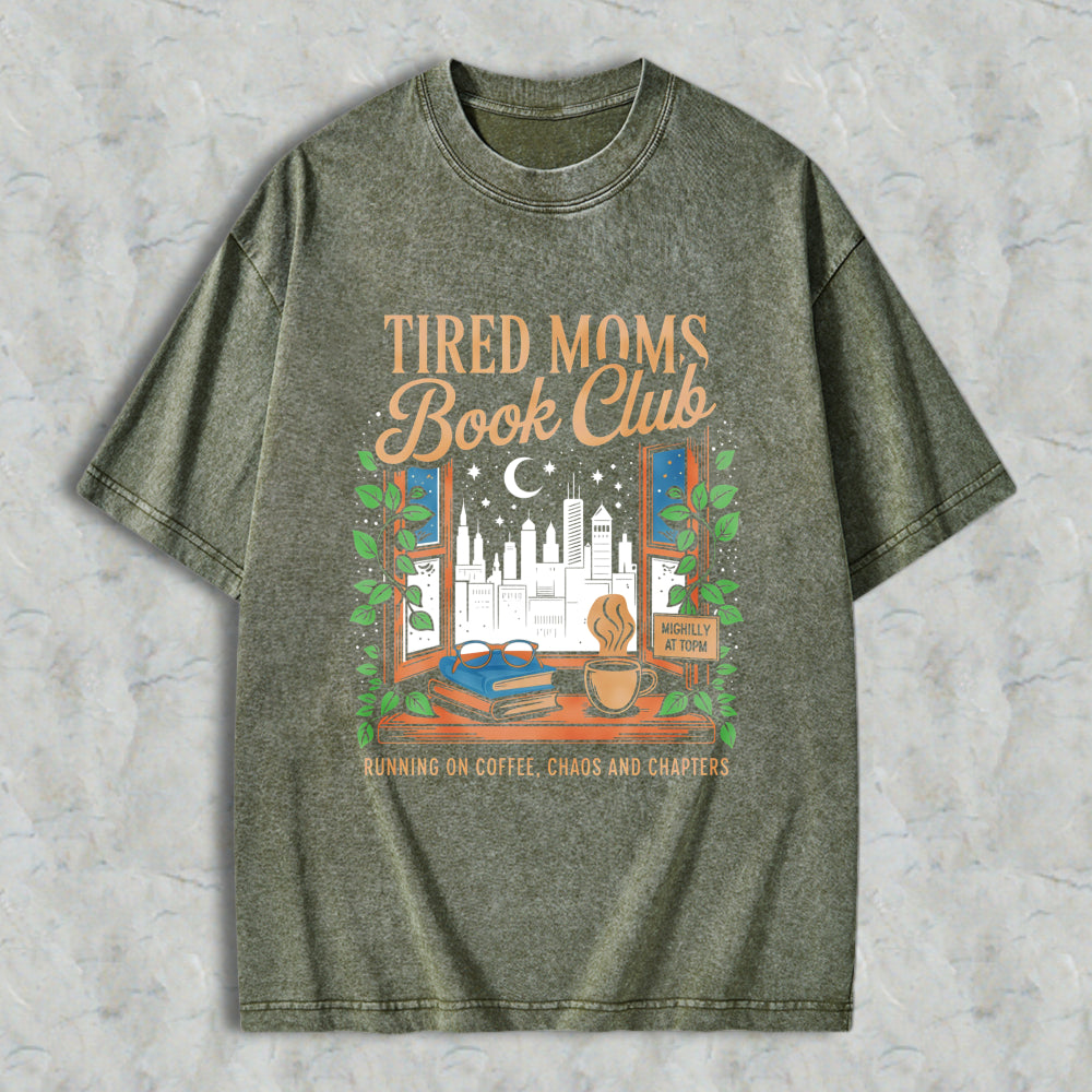 Wardrobecart Tired Moms Book Club Window Scene With Books Coffee And City View Unisex Washed T-shirt