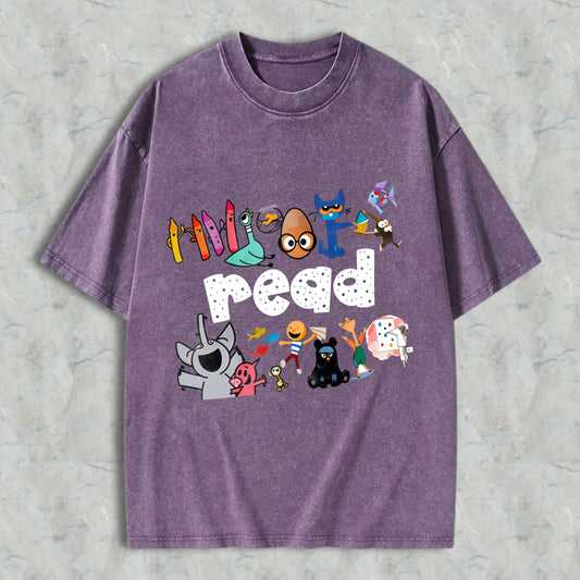 Wardrobecart Cartoon Characters And Crayons Read Unisex Washed T-shirt