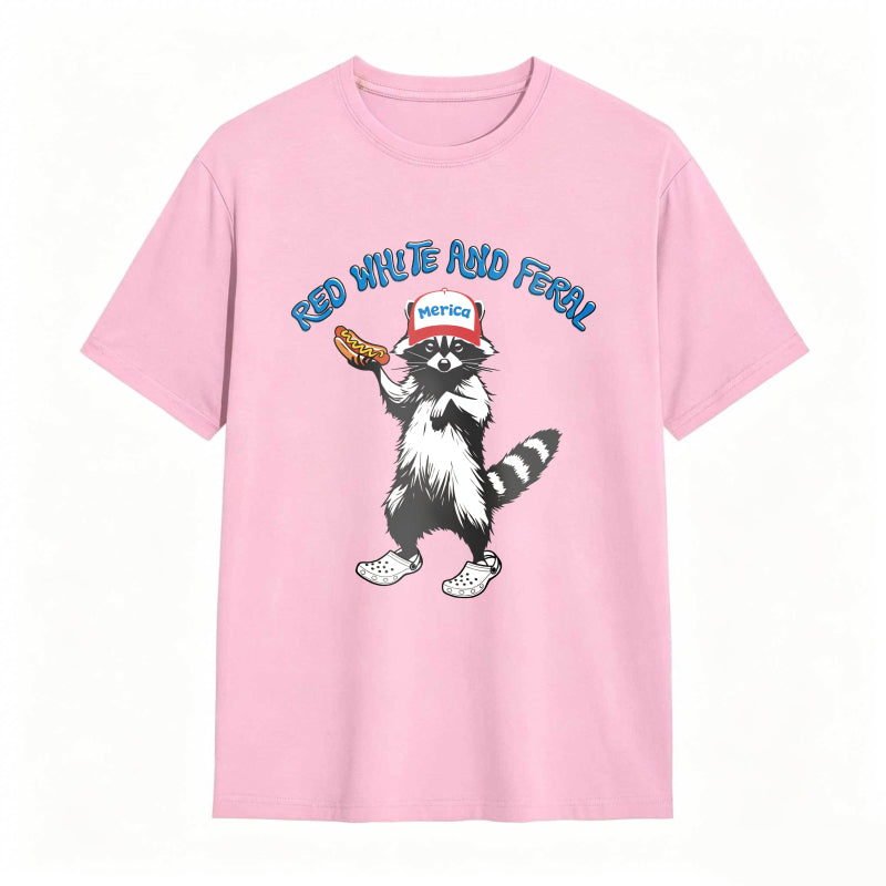 USA Red White Feral Racoon Vintage Hot Dog Party America Patriotic Racoon Tshirt