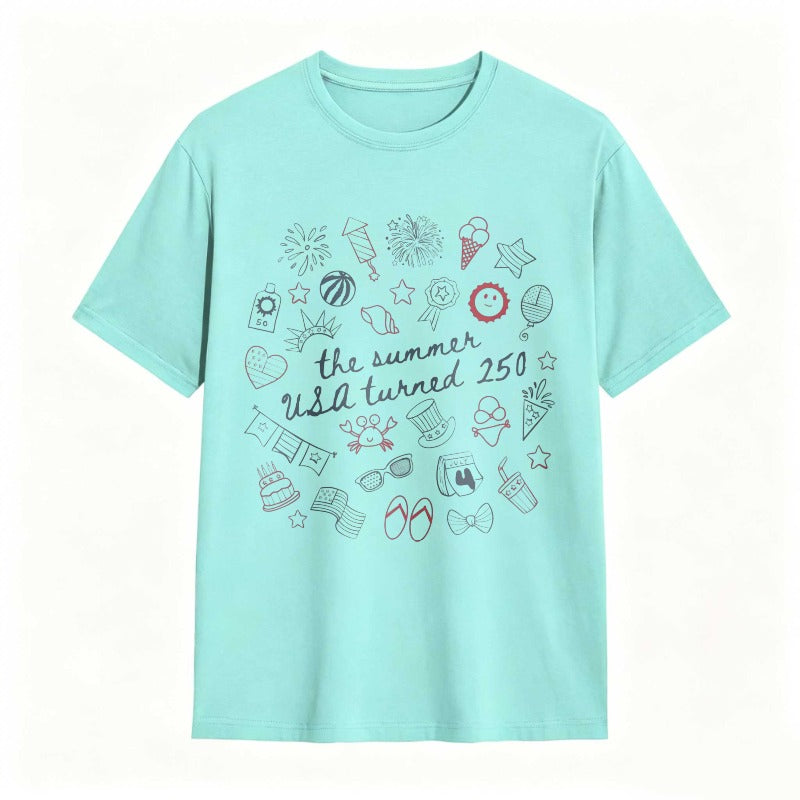 Summer Usa 250th Anniversary Celebration With Icons And Text T-shirt