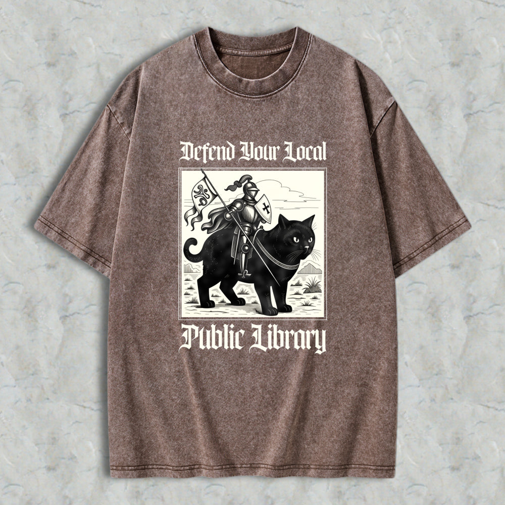 Wardrobecart Defend Your Local Public Library Cat Knight Unisex Washed T-shirt