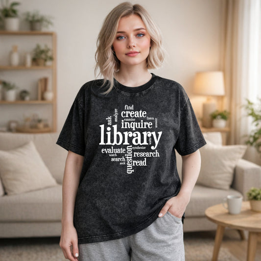 Wardrobecart Library Word Cloud Design Unisex Washed T-shirt