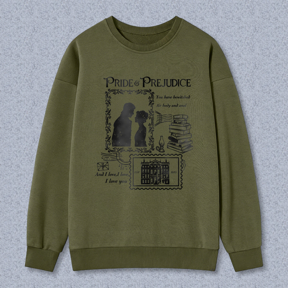 Wardrobecart Pride And Prejudice Book Quote With Couple Silhouette And Stack Of Books Unisex Classic Sweatshirt