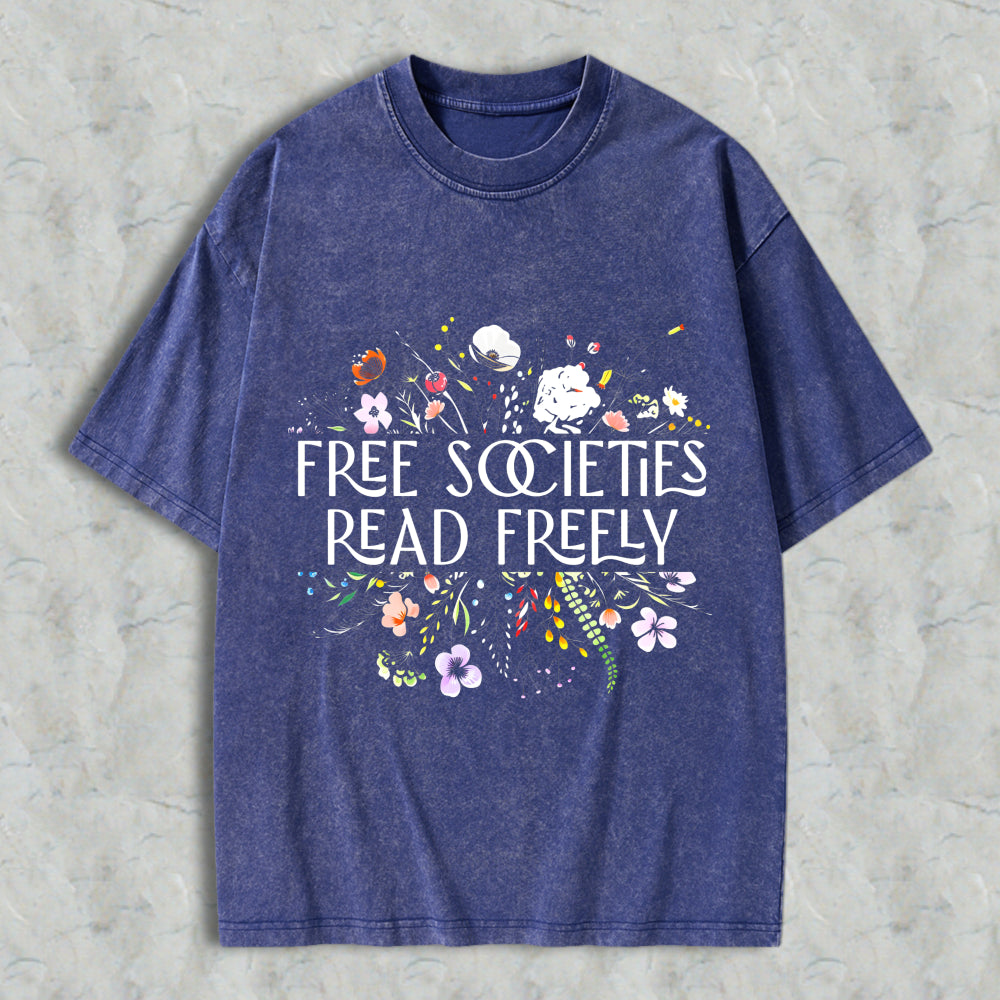 Wardrobecart Free Societies Read Freely Floral Design Unisex Washed T-shirt