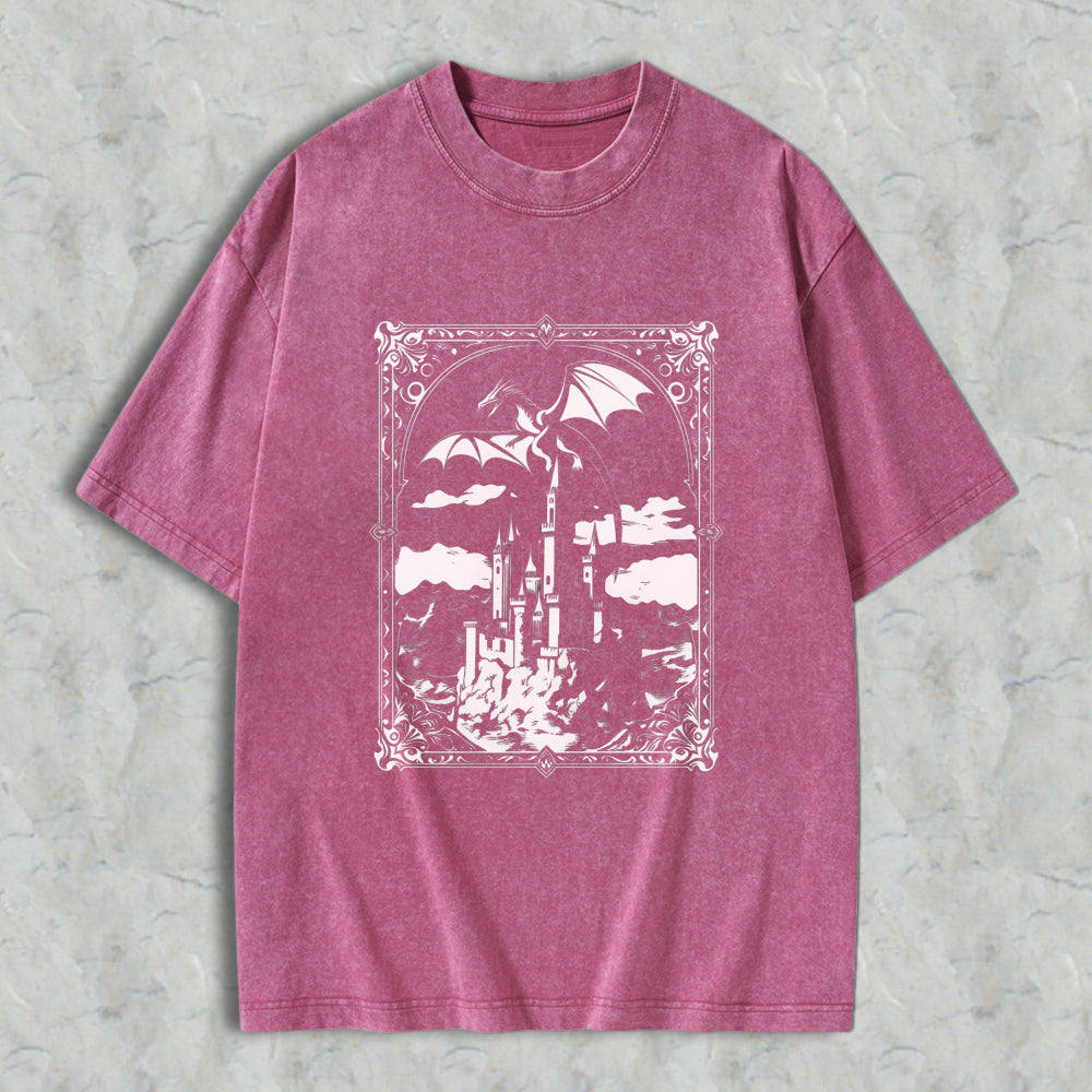 Wardrobecart Fantasy Castle Dragon Sky Scene Unisex Washed T-shirt