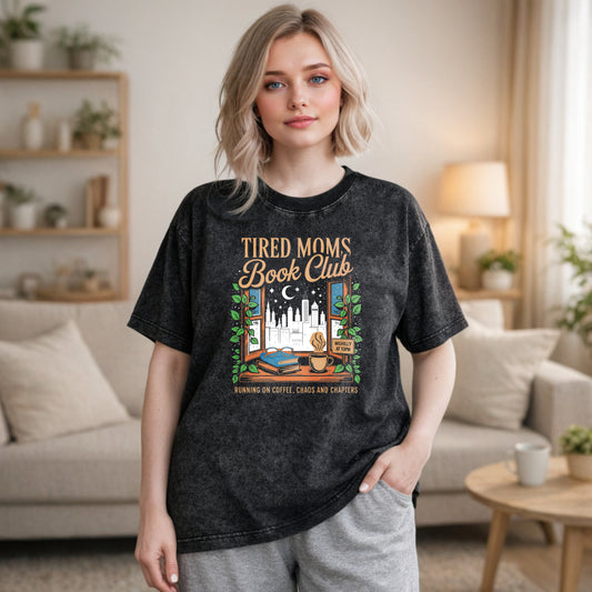 Wardrobecart Tired Moms Book Club Window Scene With Books Coffee And City View Unisex Washed T-shirt