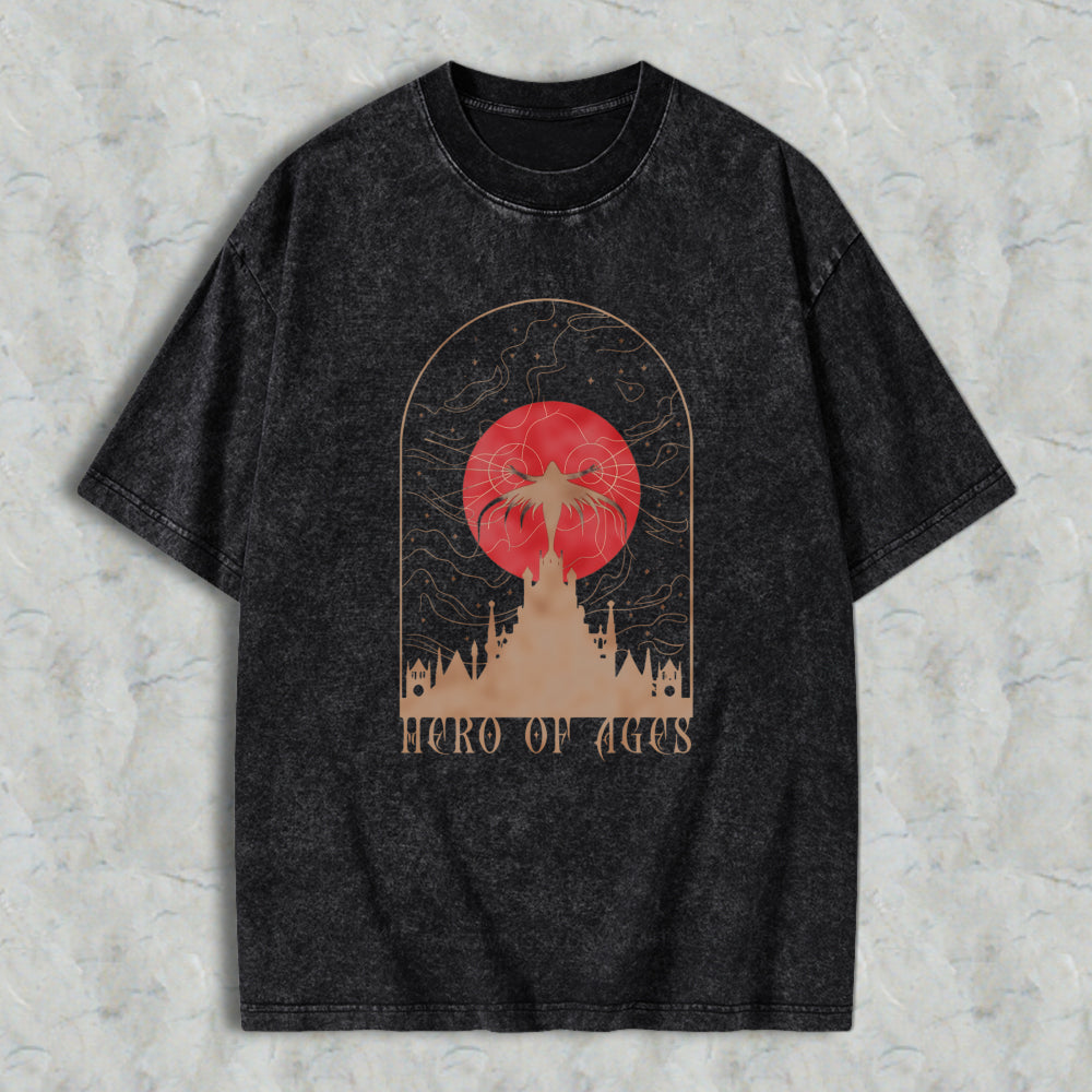 Wardrobecart Hero Of Ages Castle And Red Sun Design Unisex Washed T-shirt