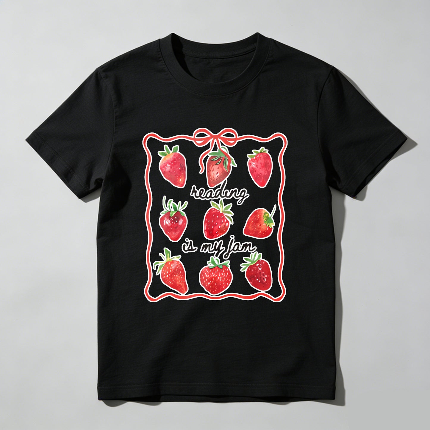 Wardrobecart Strawberries Framed With Reading Is My Jam Text Unisex Classic T-shirt