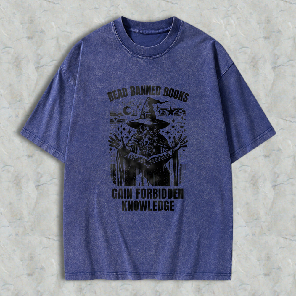 Wardrobecart Read Banned Books Gain Forbidden Knowledge Wizard With Open Book And Stars Unisex Washed T-shirt