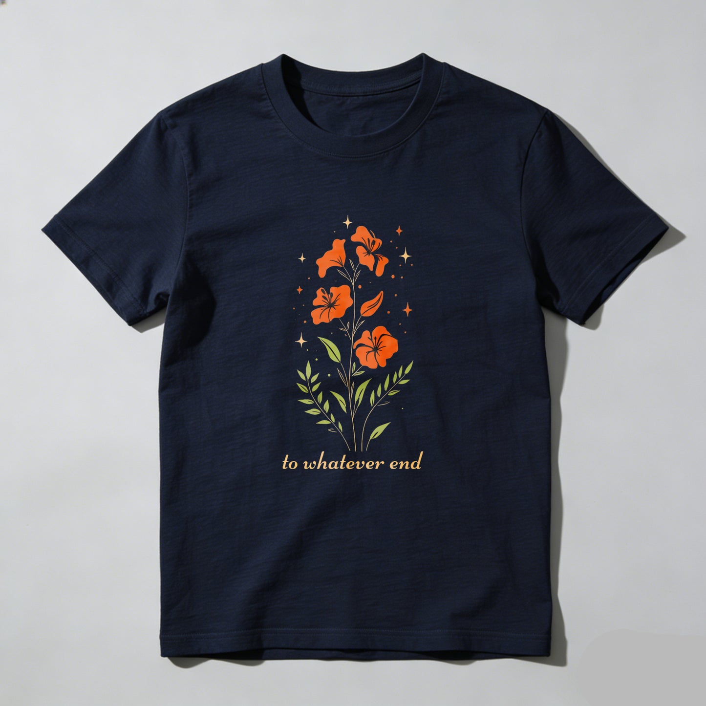 Wardrobecart Orange Flowers With Green Leaves And Stars Unisex Classic T-shirt