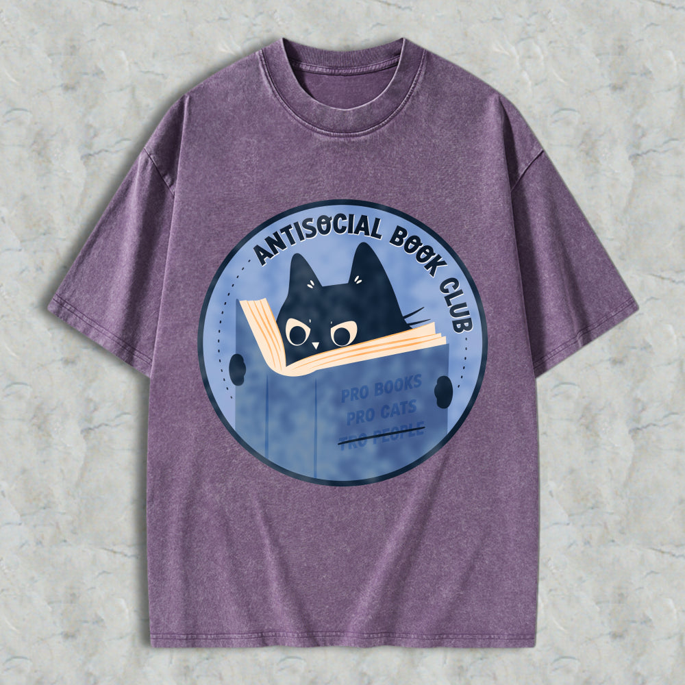 Wardrobecart Antisocial Book Club Cat Reading Book Design Unisex Washed T-shirt
