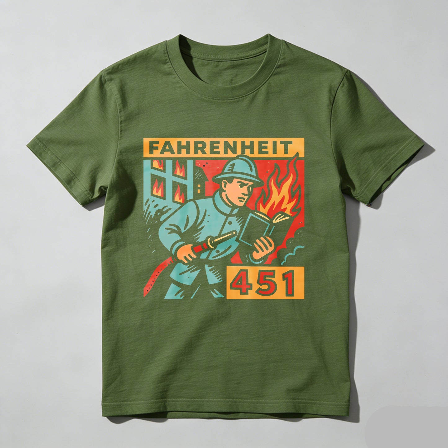 Wardrobecart Fireman Holding Book With Flames Behind Unisex Classic T-shirt