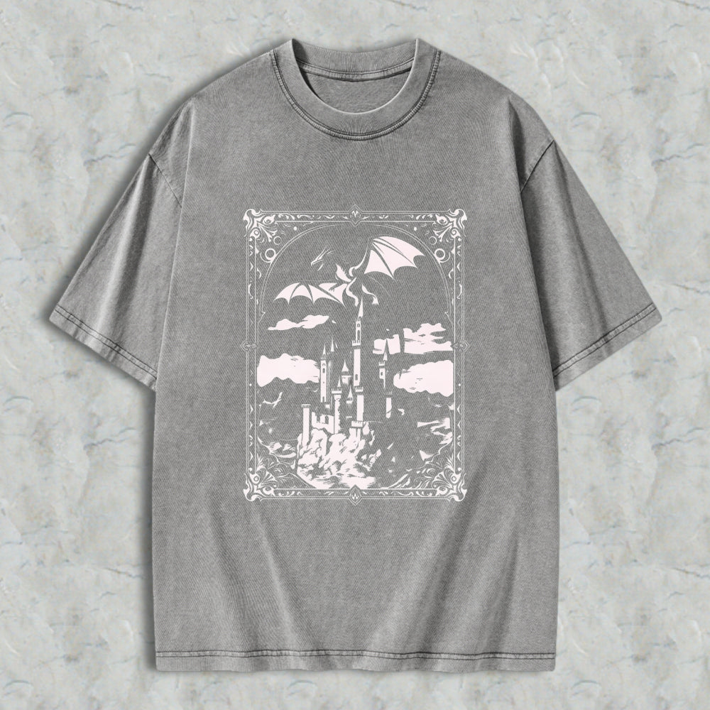 Wardrobecart Fantasy Castle Dragon Sky Scene Unisex Washed T-shirt