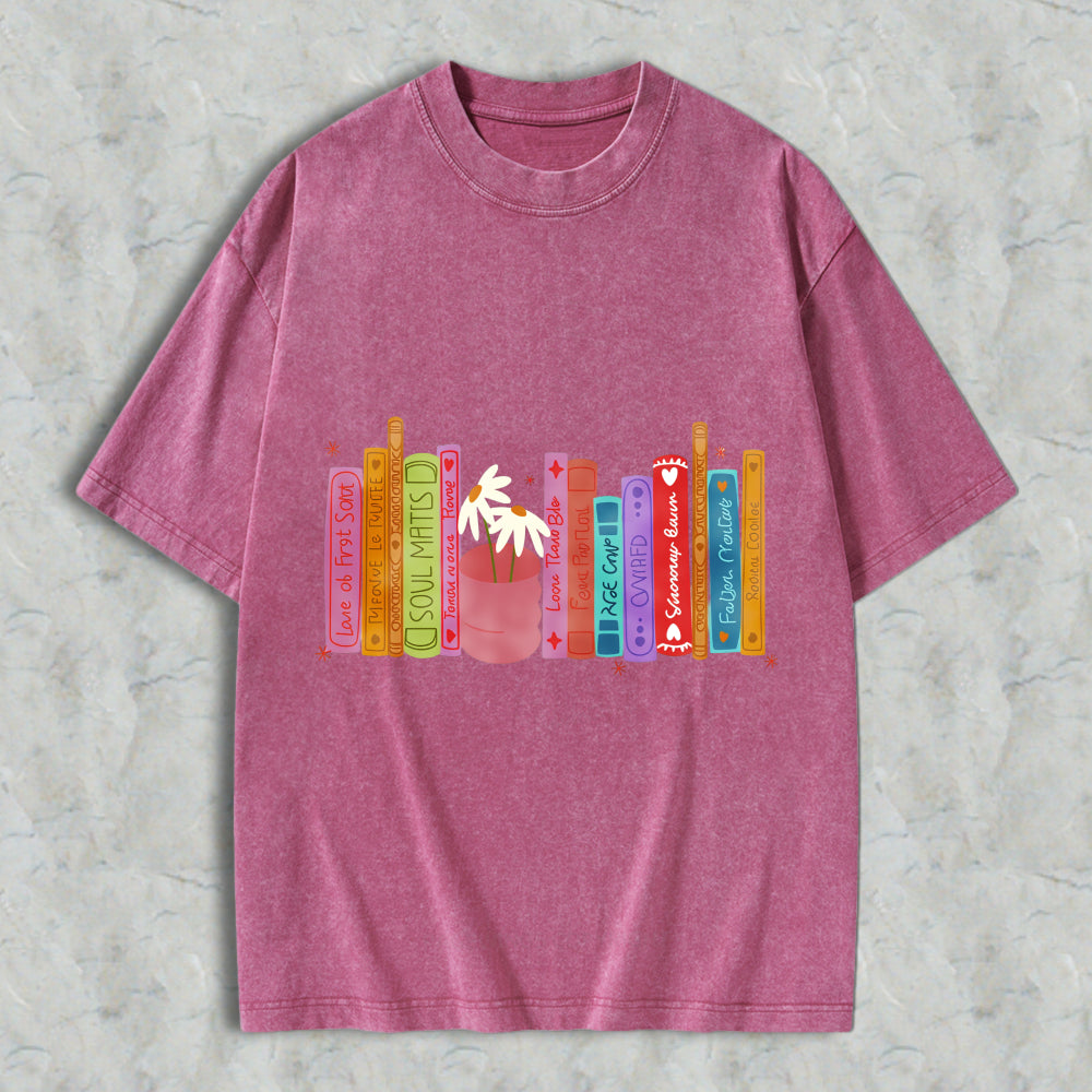 Wardrobecart Colorful Bookshelf With Potted Plant And Book Titles Unisex Washed T-shirt