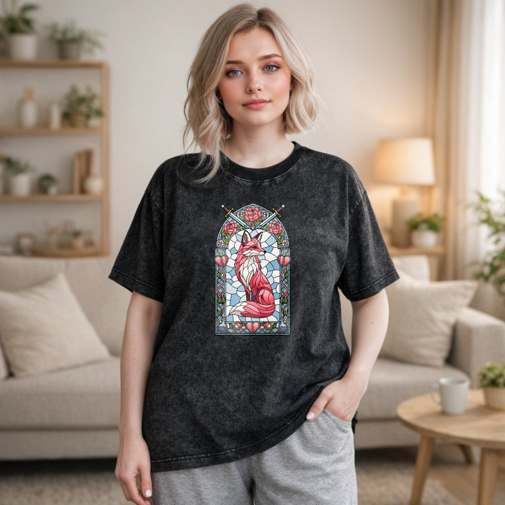 Wardrobecart Stained Glass Fox With Roses And Swords Unisex Washed T-shirt