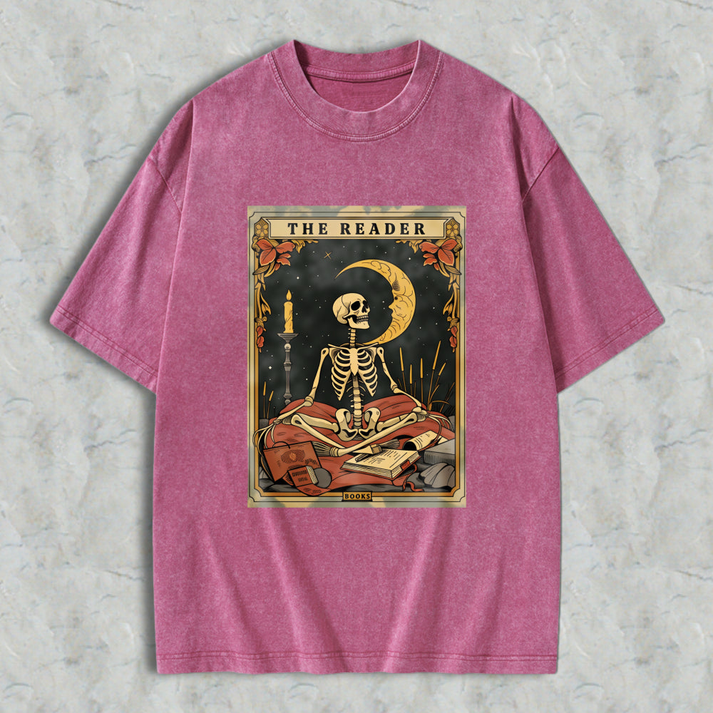 Wardrobecart Skeleton Reading Book Under Moonlight With Candle And Tarot Cards The Reader Unisex Washed T-shirt