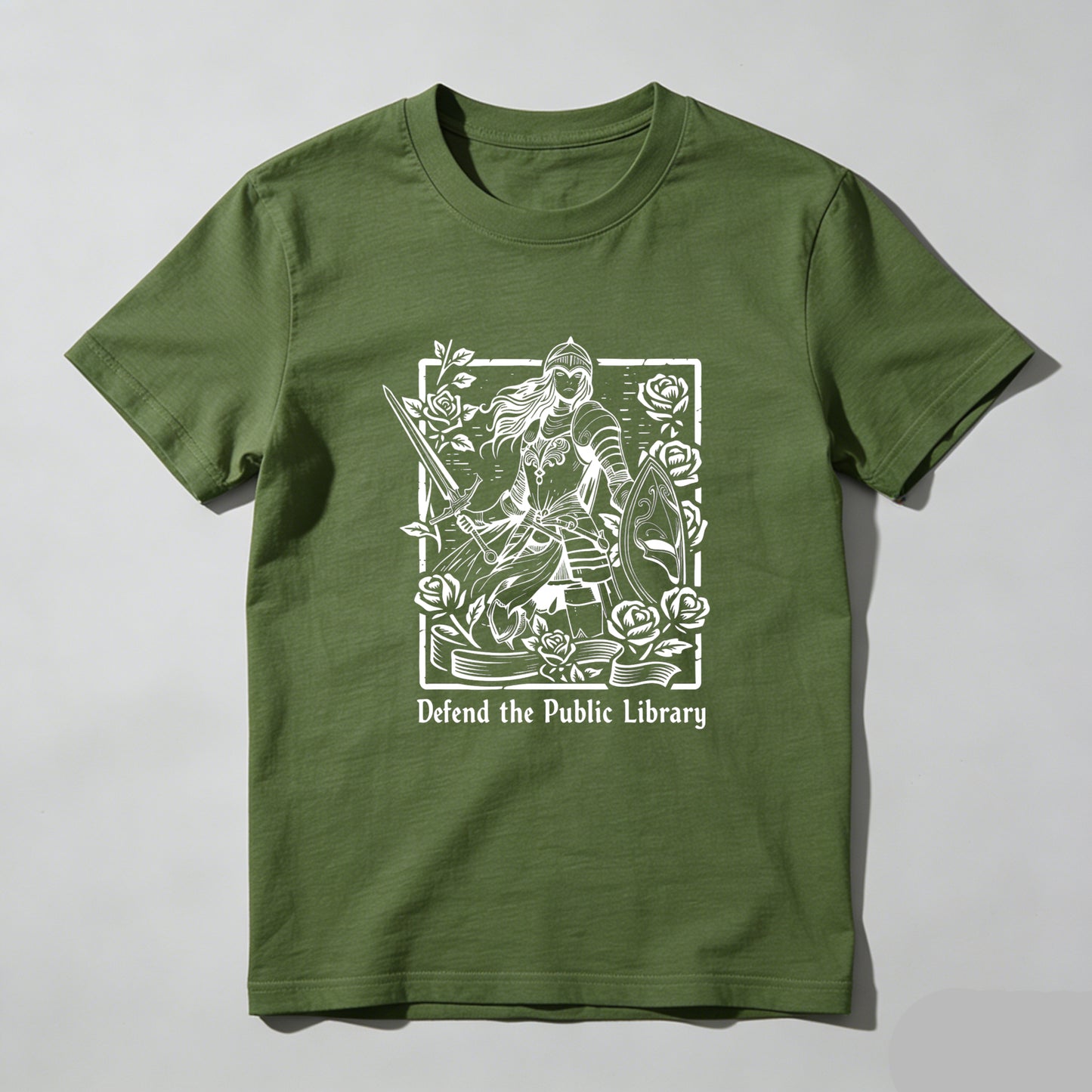 Wardrobecart Defend The Public Library Warrior With Sword And Roses Unisex Classic T-shirt