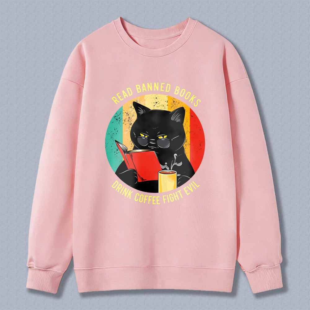 Wardrobecart Black Cat Reading Book With Coffee And Banned Books Text Unisex Classic Sweatshirt
