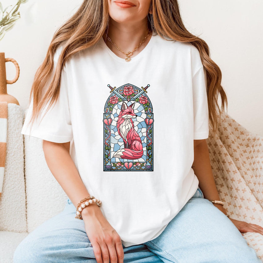 Wardrobecart Stained Glass Fox With Roses And Heart Unisex Classic T-shirt