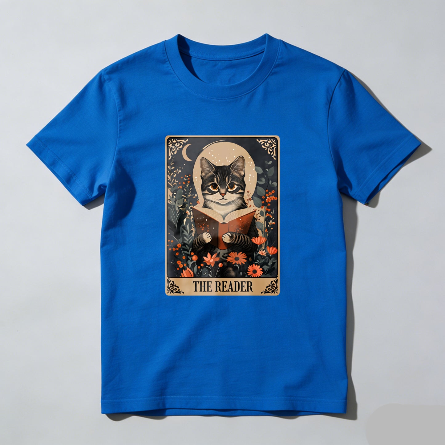 Wardrobecart Cat Reading Book Floral Moon Design Unisex Classic T-shirt