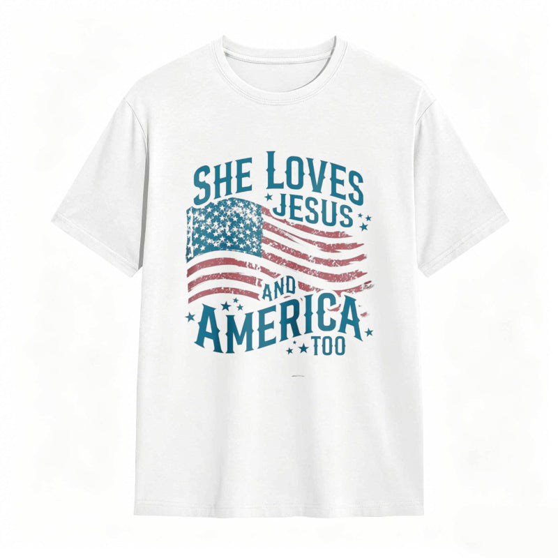 She Loves Jesus And America Too Women's Patriotic T-shirt