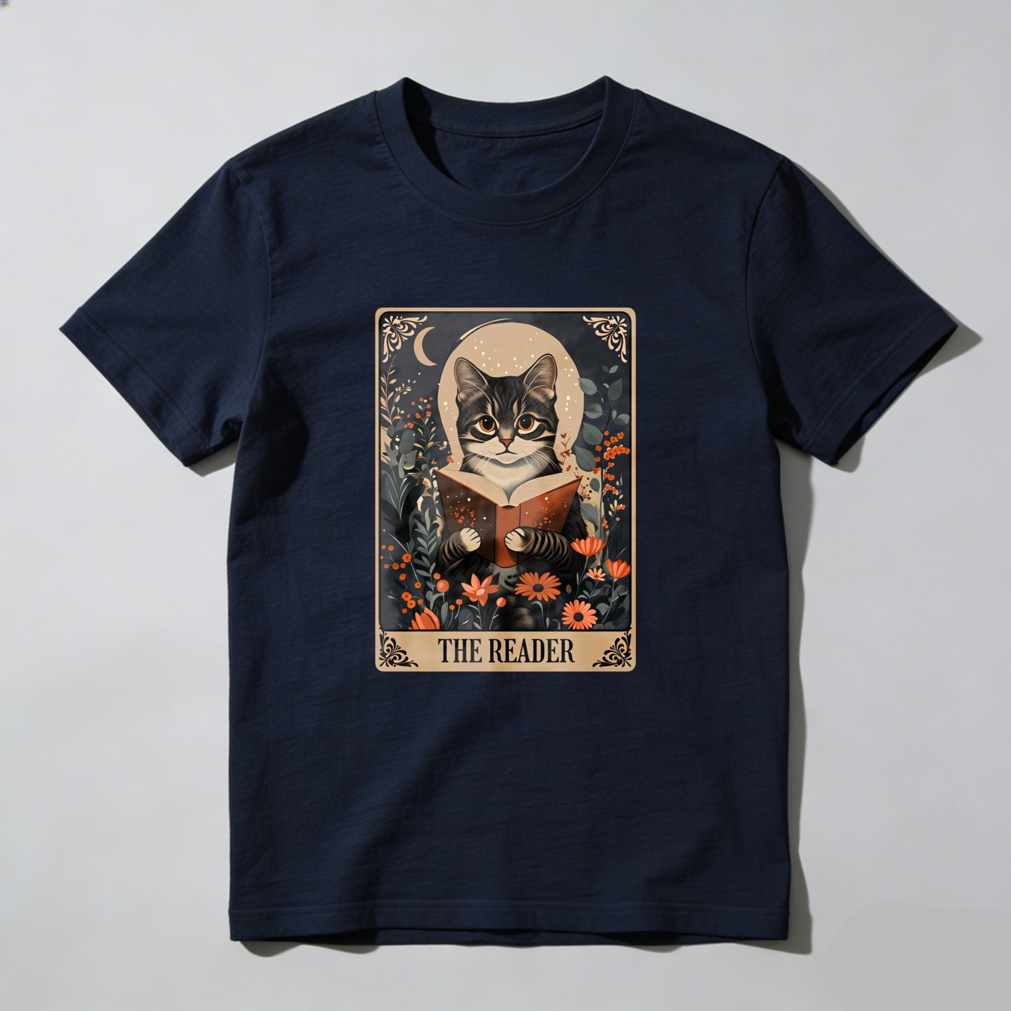Wardrobecart Cat Reading Book Floral Moon Design Unisex Classic T-shirt