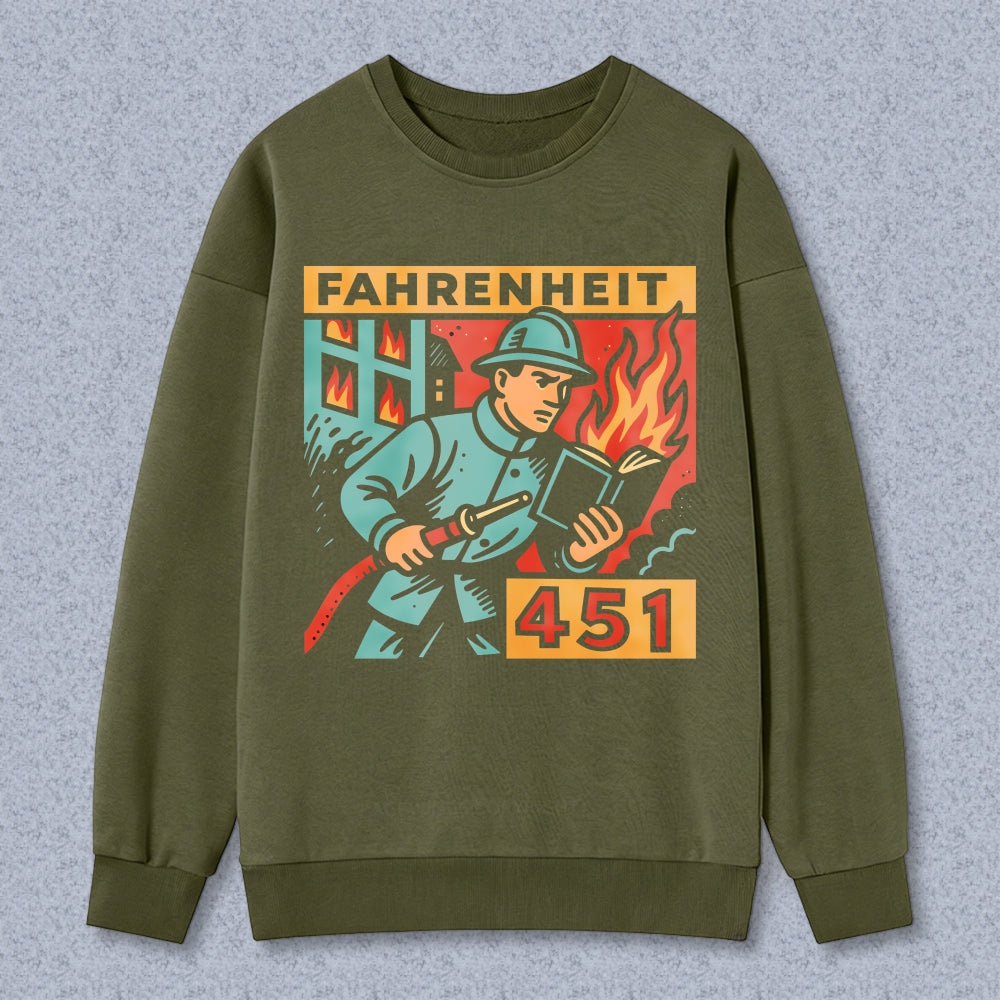 Wardrobecart Fahrenheit 451 Fireman Holding Book With Flames And Broken Window Unisex Classic Sweatshirt