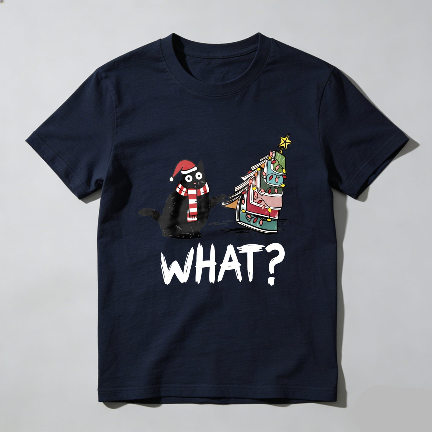 Wardrobecart Cat Wearing Santa Hat And Scarf   Christmas Tree Made Of Books   What Question Mark Below Unisex Classic T-shirt