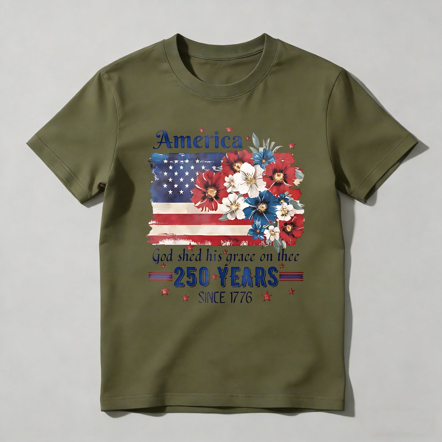 America Flag With Flowers And Patriotic Text 250 Years Since 1776 T-shirt
